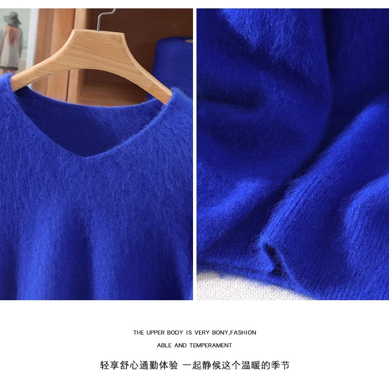 Fall/Winter New Fashion Mink Cashmere Sweater Women's Knitted V-neck Long-Sleeved Slim Bottoming Coat