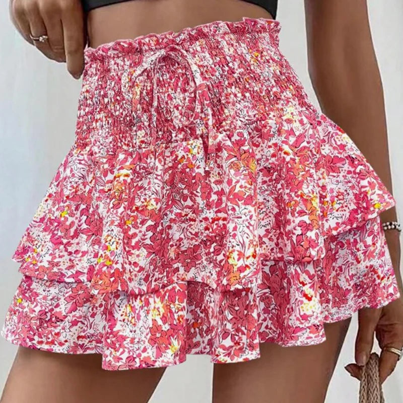 Fashion Florals Mini Skirt for Women Summer Casual Waist Shaping Ruffled Hem Short Skirt Woman Drawstring Wide Leg Half Skirts