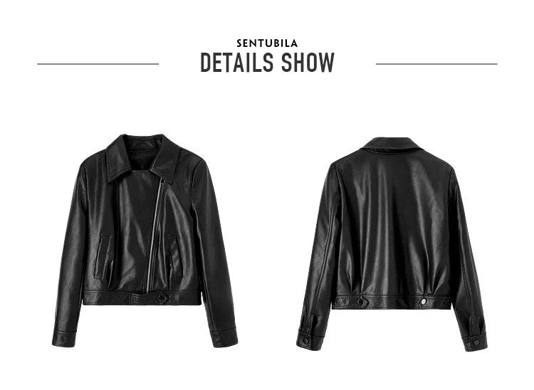 SENTUBILA Cropped Pu Leather Bomber Jacket Women 2026 Autumn Winter Vintage Lapel Zip Up Faux Leather Jacket Motorcycle Coats