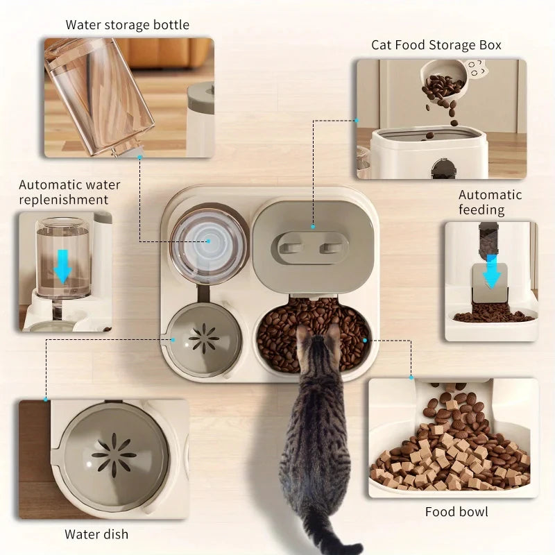Automatic Cat Bowl Feeder with Water Fountain, Spill Proof Design Pet Food Dispenser for Small Medium Large Cats Dogs
