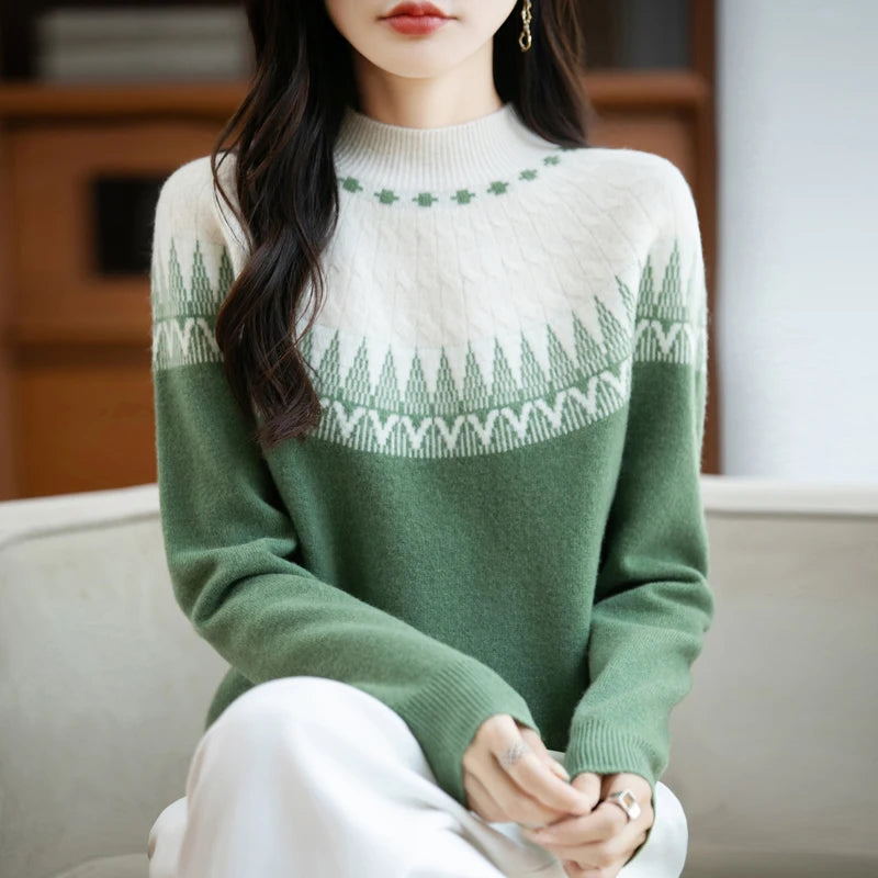 Autumn/Winter New Half High Neck Sweater 100% Wool Knitted Vintage Loose Fit Christmas Red Sweaters Chic Streetwear for Women