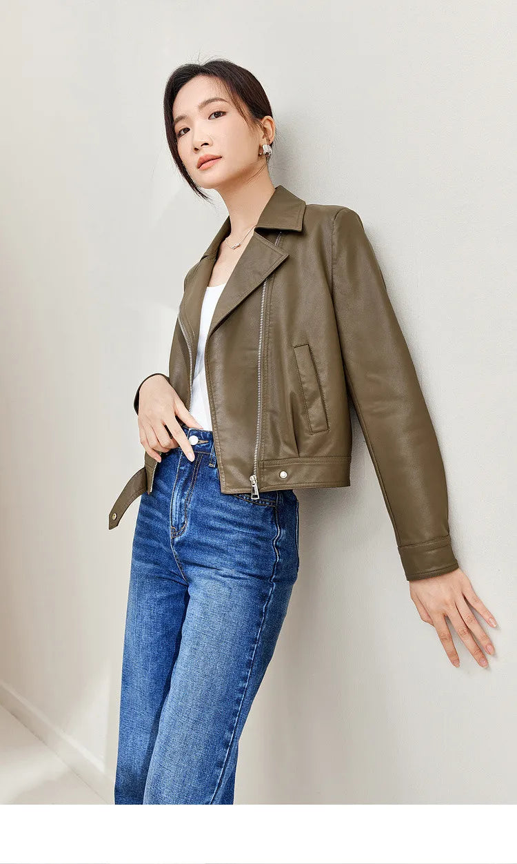 SENTUBILA Cropped Pu Leather Bomber Jacket Women 2026 Autumn Winter Vintage Lapel Zip Up Faux Leather Jacket Motorcycle Coats