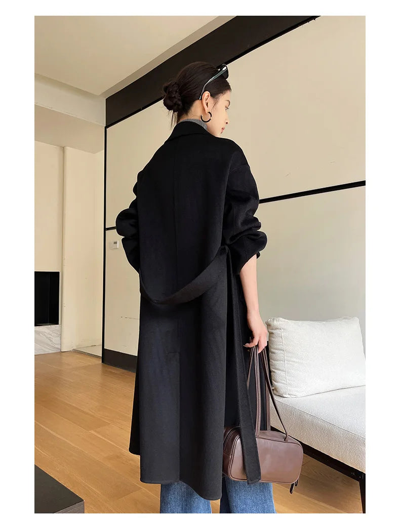 Notch Lapel Wool Coat Drop-Shoulder Women 100% Wool Loose Overcoat Double-Layers Autumn Winter Long Jacket Thick Trench Coat #24