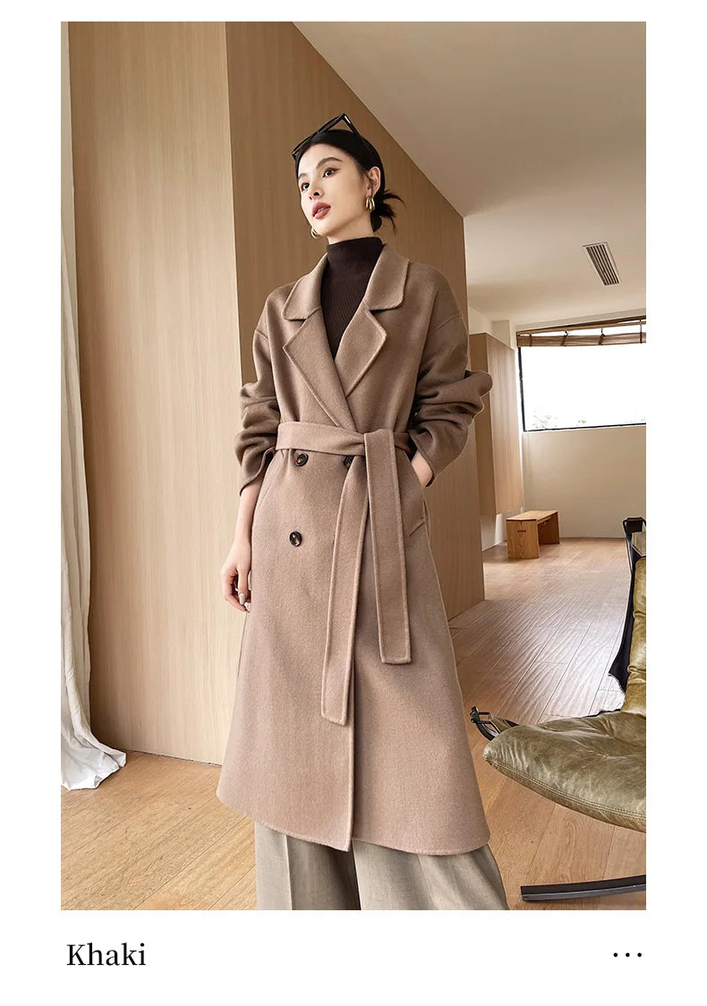 Notch Lapel Wool Coat Drop-Shoulder Women 100% Wool Loose Overcoat Double-Layers Autumn Winter Long Jacket Thick Trench Coat #24