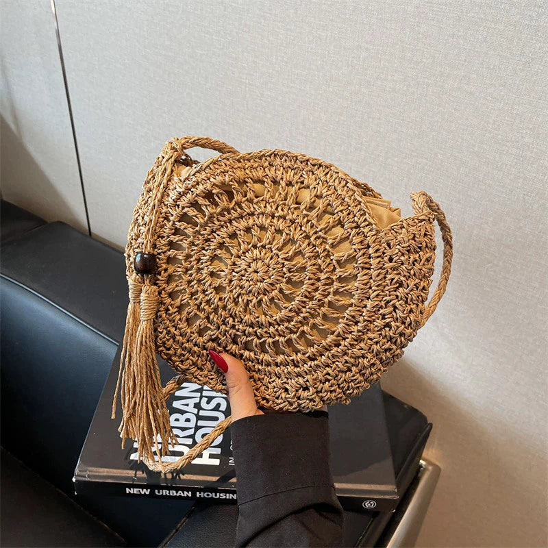Handmade Knitting Women's Bags Tassel Crossbody Shoulder Handmade Knitting Bags Crochet Round Straw Bag Women's Bag Beach Bags