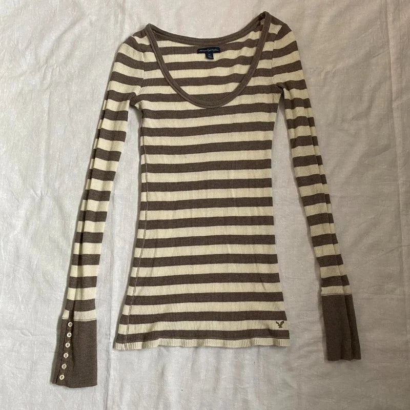 Women Y2K Harajuku Striped Tees Shirt Retro Aesthetic 90s E Girls Grunge Gothic Knitted Casual Fashion Long Sleeve Tops ﻿Street