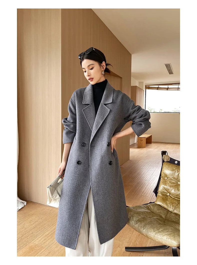 Notch Lapel Wool Coat Drop-Shoulder Women 100% Wool Loose Overcoat Double-Layers Autumn Winter Long Jacket Thick Trench Coat #24