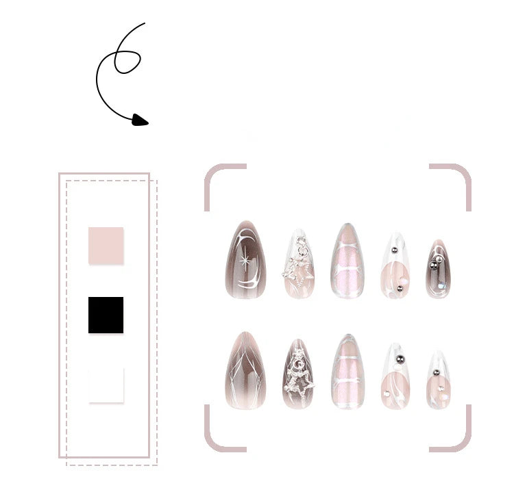 24Pcs Y2k Almond Acrylic Nails Full Cover 3D Diamond Black Nail Art Sweet Cool French Wearable Fake Nail Manicure Tips for Girls