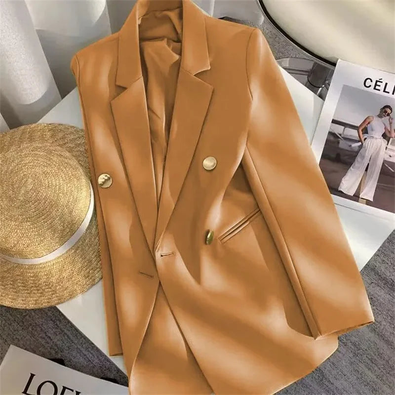 Women's Elegant Metal Buckle White Suit Jacket Casual Office Lady Blazer High-end Feel Western-style Clothes Spring Autumn 2025