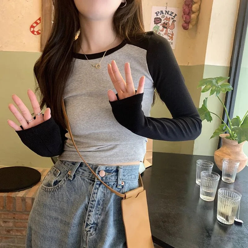 Ribbed Long Sleeve T-Shirt Women's Spring Autumn Thin Style Raglan Sleeve Slim Fit Round Neck Fashionable Underwear Top Wear
