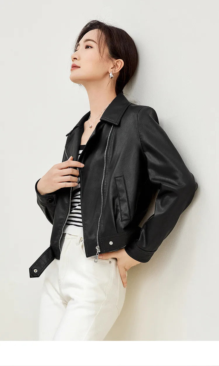 SENTUBILA Cropped Pu Leather Bomber Jacket Women 2026 Autumn Winter Vintage Lapel Zip Up Faux Leather Jacket Motorcycle Coats