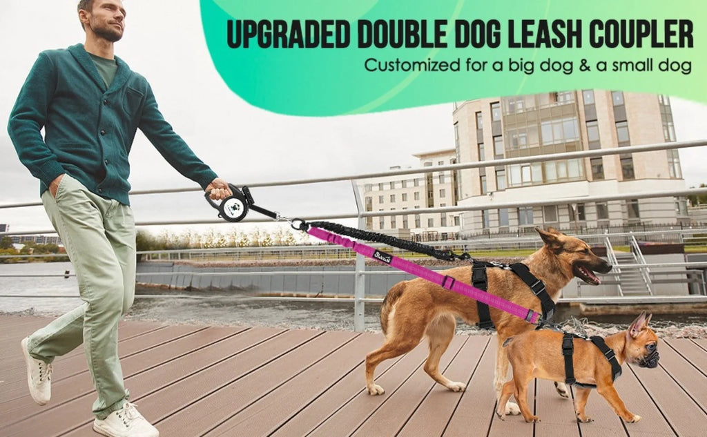 16ft Long Dual Dog Leash Attachment - Double Leashes for Training Small To Large Dogs - Adjustable Strap, Shock Absorbing Bungee
