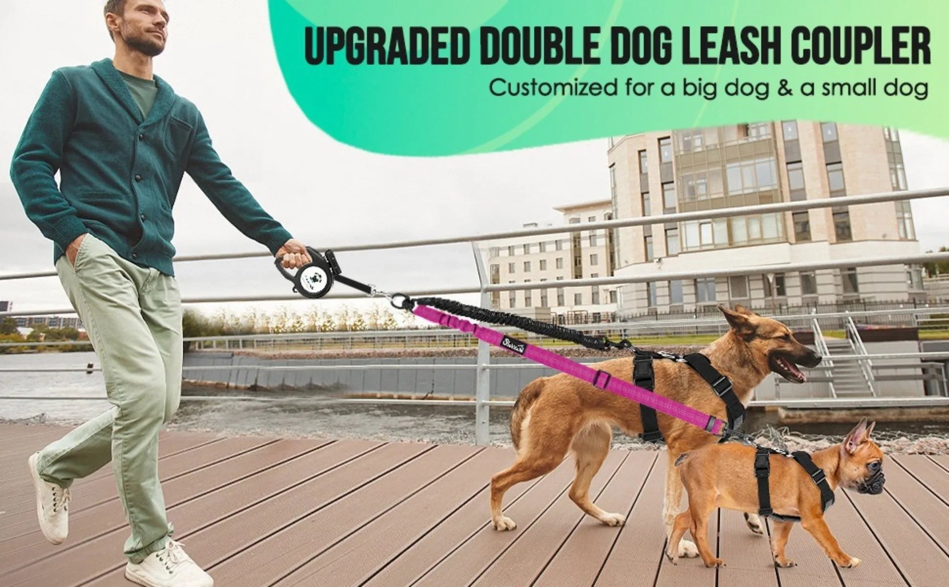 16ft Long Dual Dog Leash Attachment - Double Leashes for Training Small To Large Dogs - Adjustable Strap, Shock Absorbing Bungee