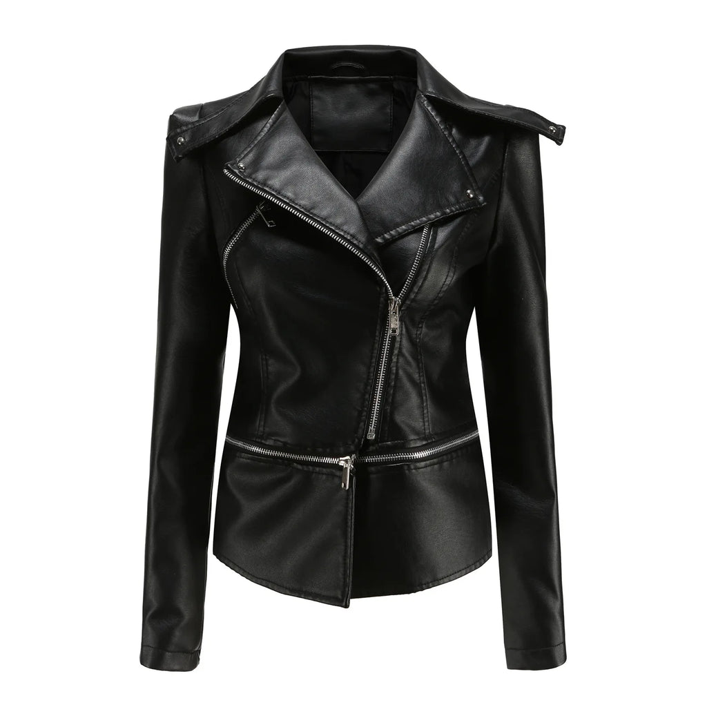 Women Faux Leather Coat Turn Down Collar Full Sleeve Jackets Zipper Casual Splice Coats Short Jacket Sexy Slim Fit Autumn