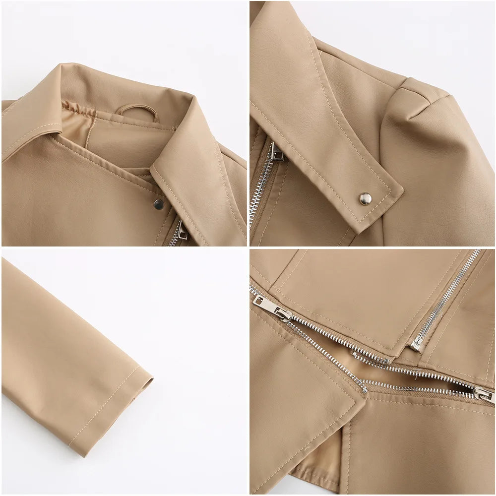 Women Faux Leather Coat Turn Down Collar Full Sleeve Jackets Zipper Casual Splice Coats Short Jacket Sexy Slim Fit Autumn