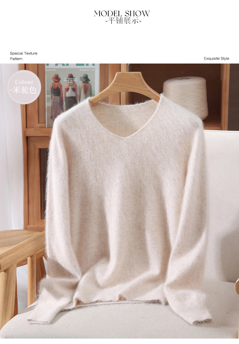 Fall/Winter New Fashion Mink Cashmere Sweater Women's Knitted V-neck Long-Sleeved Slim Bottoming Coat