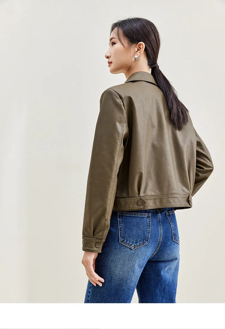 SENTUBILA Cropped Pu Leather Bomber Jacket Women 2026 Autumn Winter Vintage Lapel Zip Up Faux Leather Jacket Motorcycle Coats