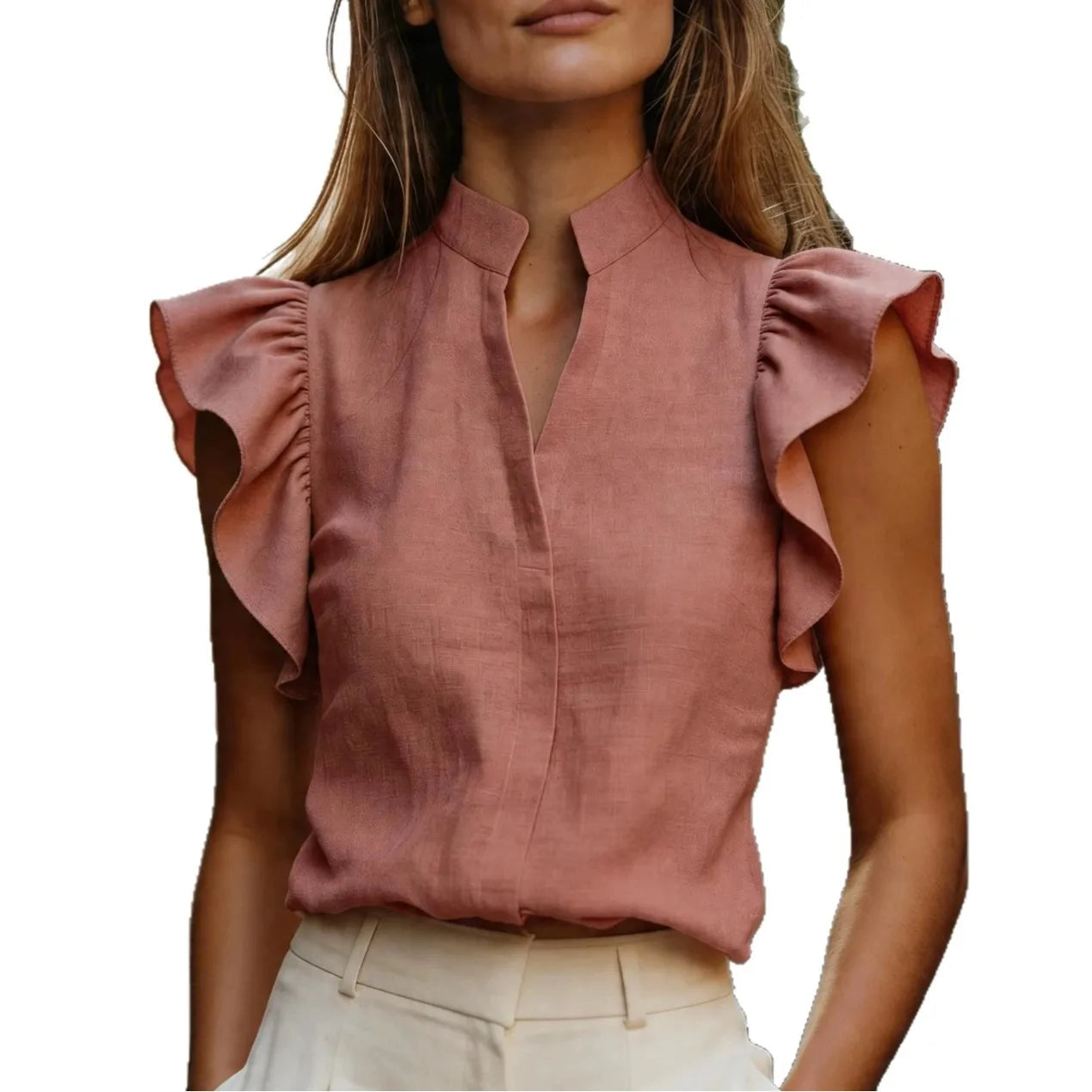 Summer Ruffles Loose Blouse Women 2026 Summer Solid Color Short Sleeve V-neck Tops Shirts Casual