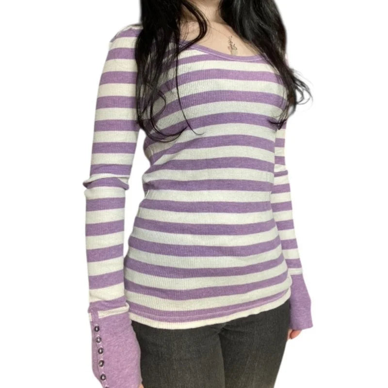 Women Y2K Harajuku Striped Tees Shirt Retro Aesthetic 90s E Girls Grunge Gothic Knitted Casual Fashion Long Sleeve Tops ﻿Street