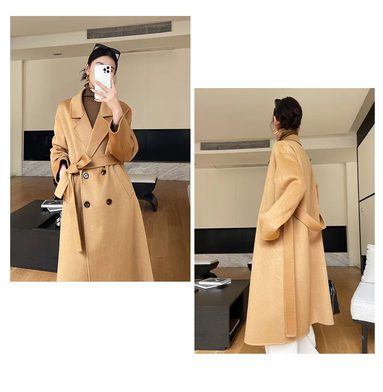 Notch Lapel Wool Coat Drop-Shoulder Women 100% Wool Loose Overcoat Double-Layers Autumn Winter Long Jacket Thick Trench Coat #24
