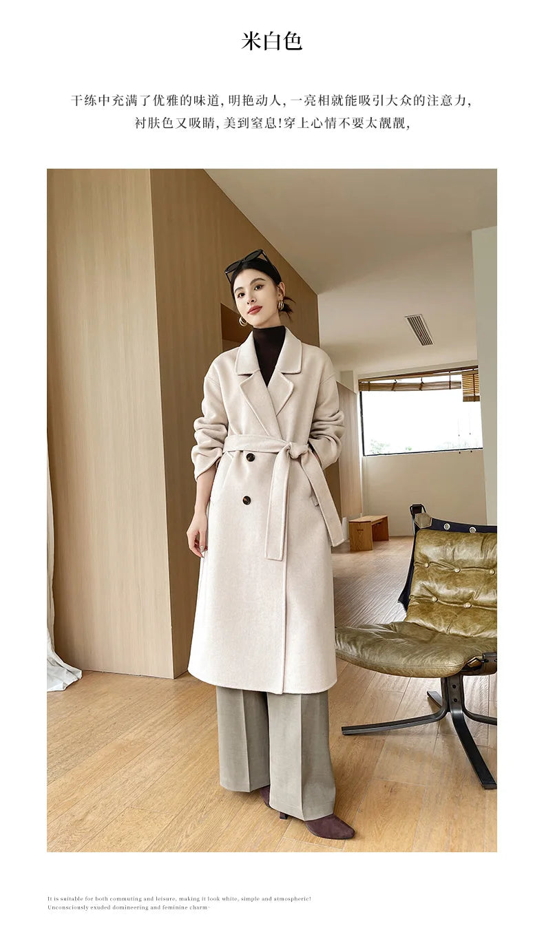 Notch Lapel Wool Coat Drop-Shoulder Women 100% Wool Loose Overcoat Double-Layers Autumn Winter Long Jacket Thick Trench Coat #24