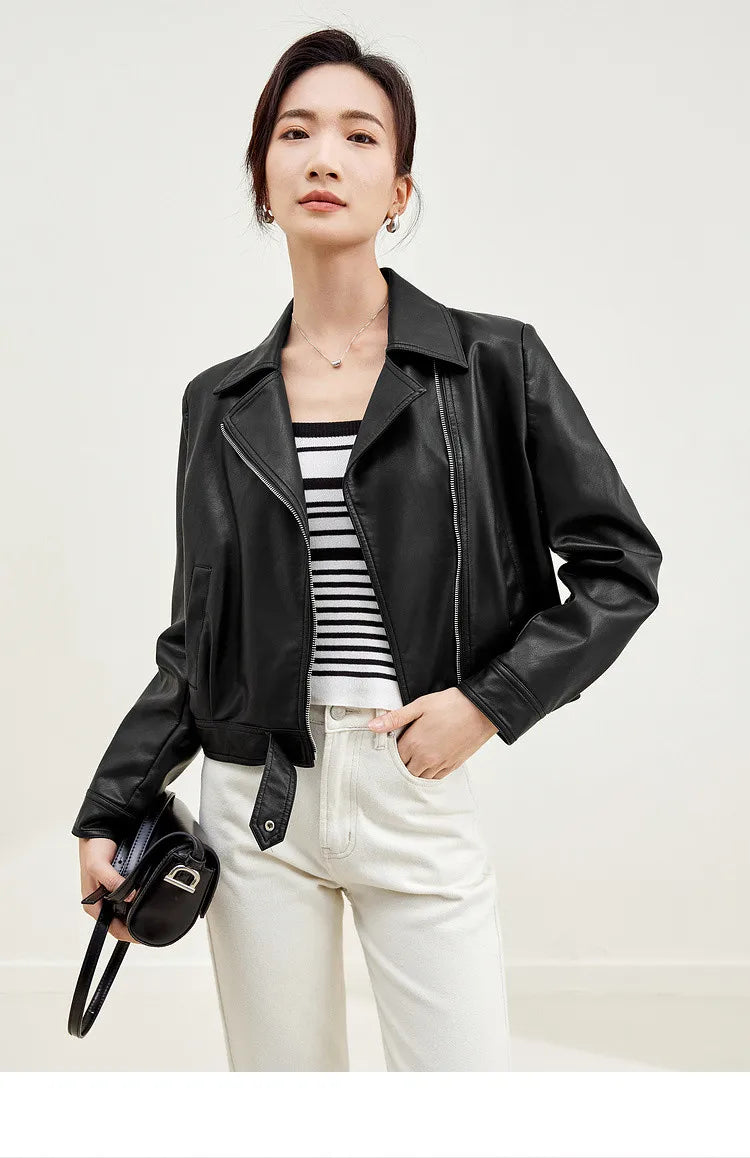 SENTUBILA Cropped Pu Leather Bomber Jacket Women 2026 Autumn Winter Vintage Lapel Zip Up Faux Leather Jacket Motorcycle Coats