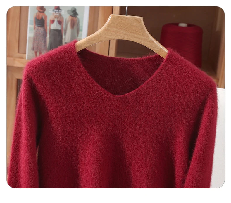 Fall/Winter New Fashion Mink Cashmere Sweater Women's Knitted V-neck Long-Sleeved Slim Bottoming Coat