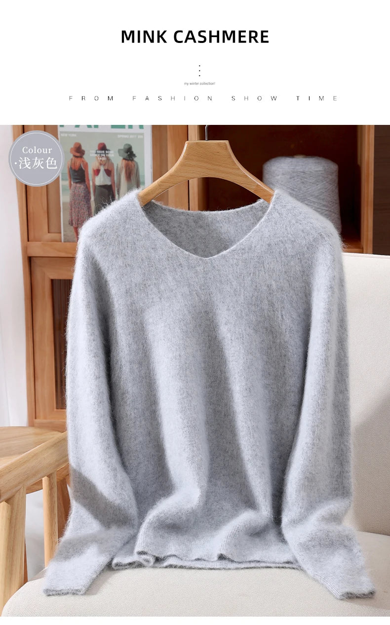 Fall/Winter New Fashion Mink Cashmere Sweater Women's Knitted V-neck Long-Sleeved Slim Bottoming Coat