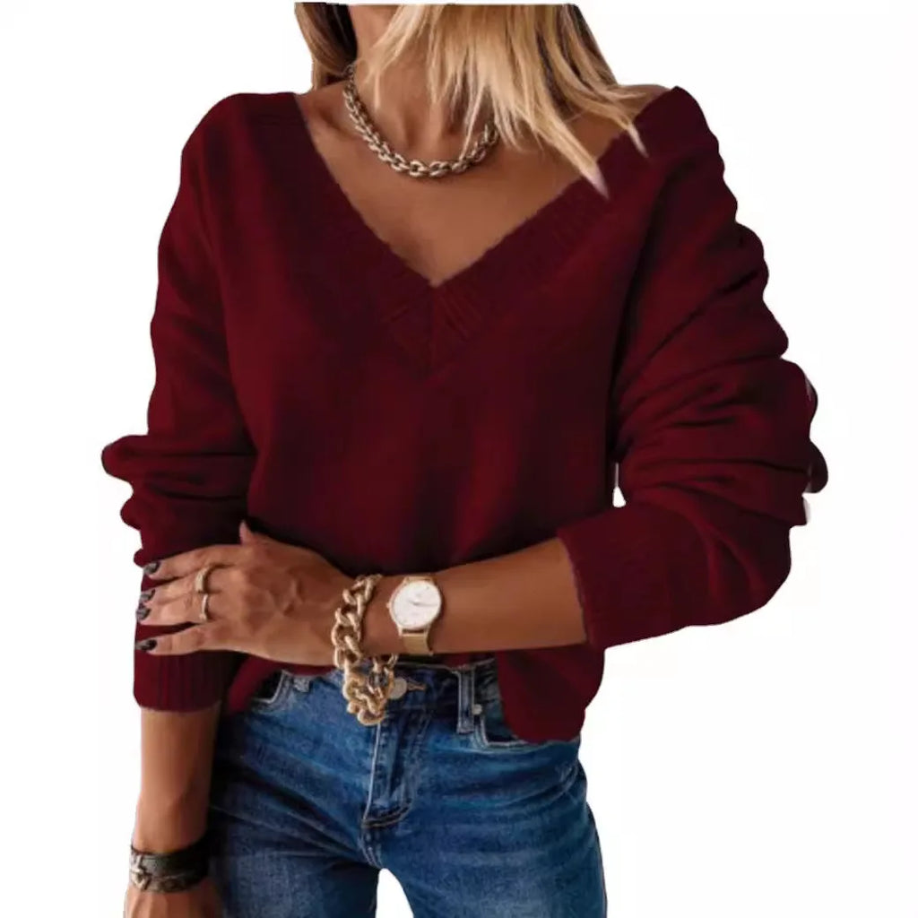 Sweater Women Pullover Knitting Top Jumper V Neck Solid Color Thick Knitwear 2025 Autumn Winter Knitted Tops Office Lady Casual