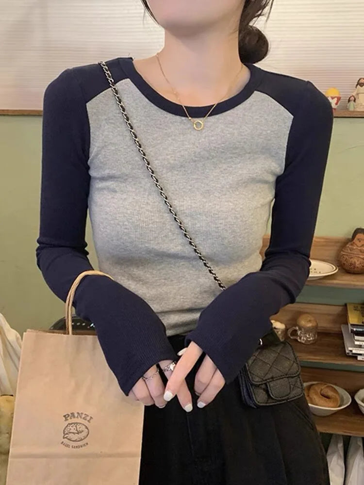 Ribbed Long Sleeve T-Shirt Women's Spring Autumn Thin Style Raglan Sleeve Slim Fit Round Neck Fashionable Underwear Top Wear