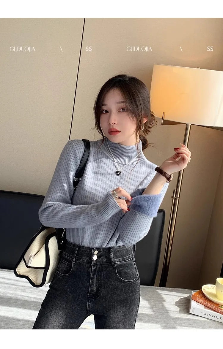Sweater For Women Winter Thicken Turtleneck Slim Knit Pullover New Warm Plush Velvet Lined Knitwear Jumper Tops Casual Poleras