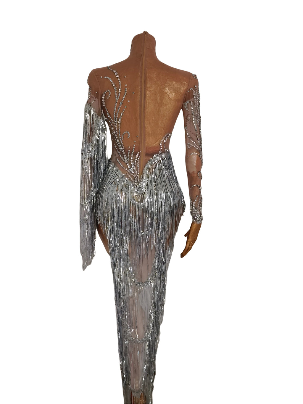Silver Rhinestone Pearl Fringe Long Dress Birthday Celebrate Transparent Dresses Women Dancer Ballroom Dresses Competition
