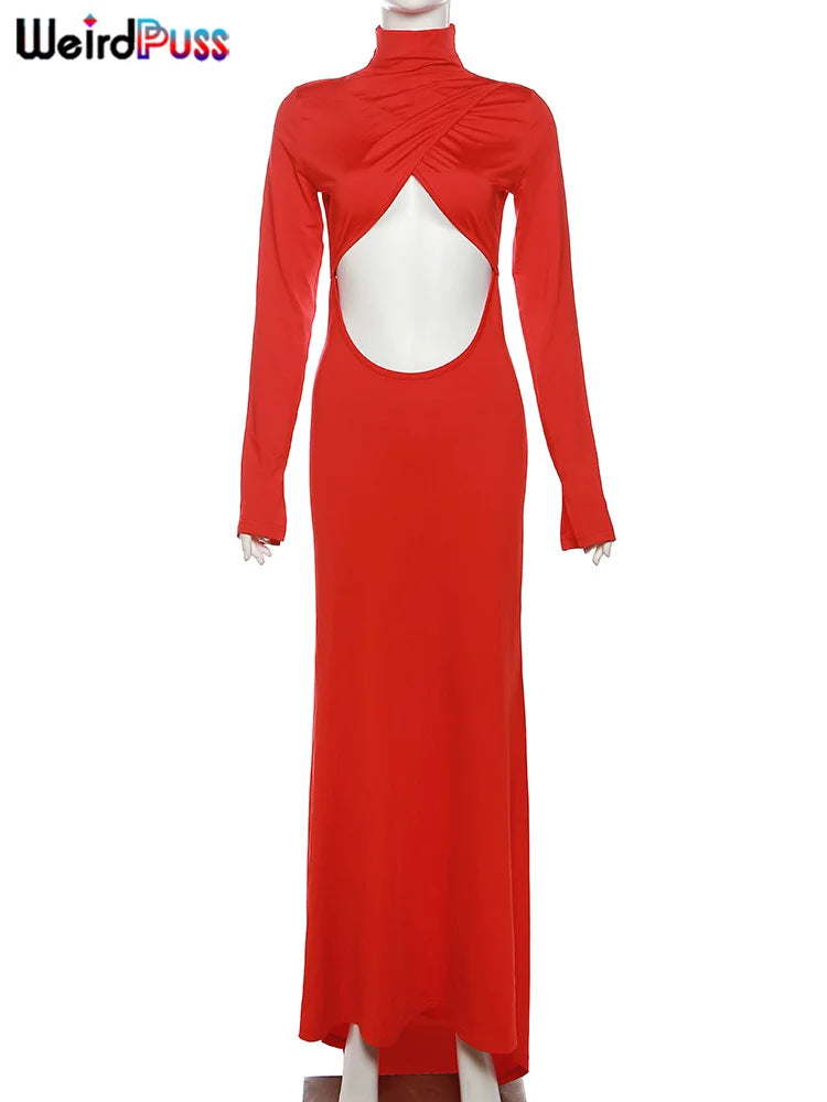 Weird Puss High Neck Women Dress Hollow Out Irregular Back Floor-Length Waistless Skinny Sexy Chirstmas Festival Partywear Robe
