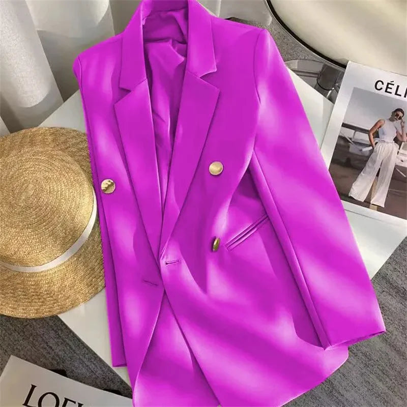 Women's Elegant Metal Buckle White Suit Jacket Casual Office Lady Blazer High-end Feel Western-style Clothes Spring Autumn 2025