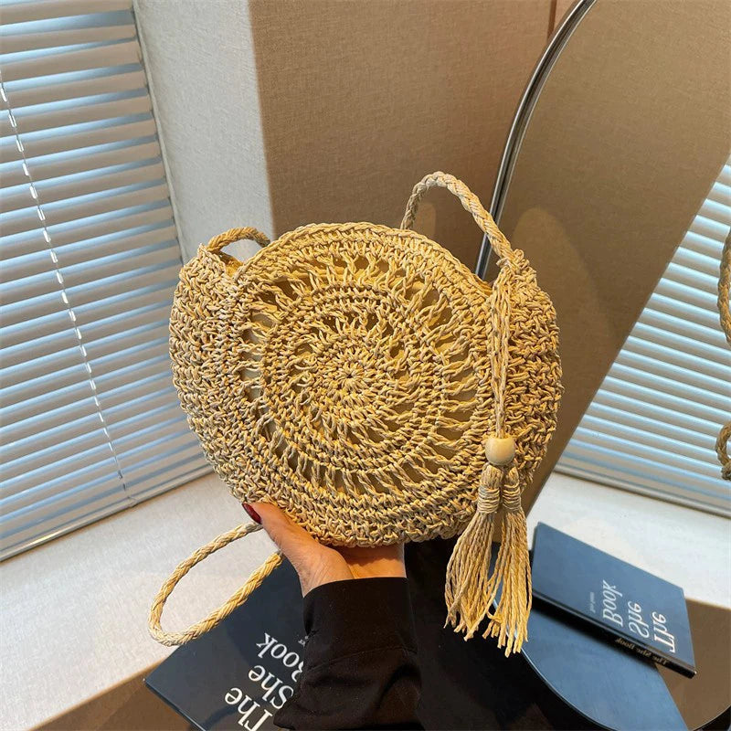 Handmade Knitting Women's Bags Tassel Crossbody Shoulder Handmade Knitting Bags Crochet Round Straw Bag Women's Bag Beach Bags