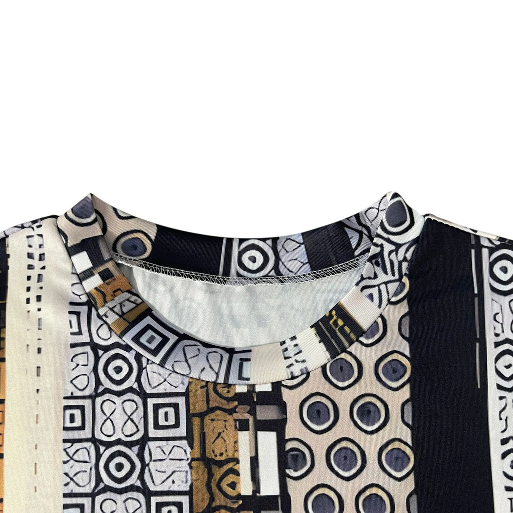 Women's Ethnic Print Long - Sleeve T - Shirt, Irregular Hem, Artistic Patterned Top, Casual Loose Fit, Unique Fashion for Daily