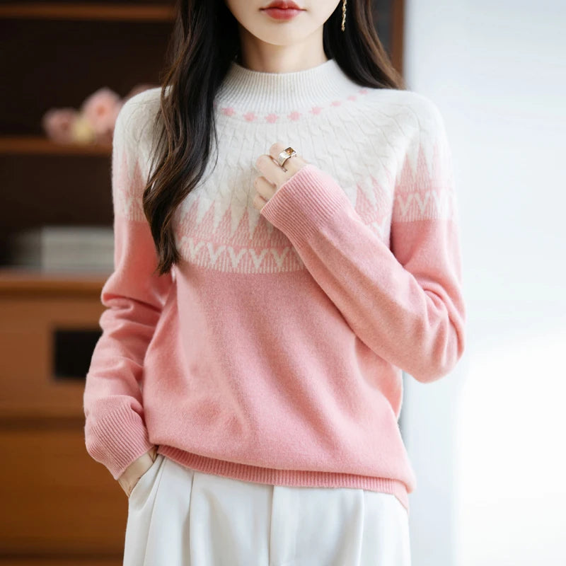Autumn/Winter New Half High Neck Sweater 100% Wool Knitted Vintage Loose Fit Christmas Red Sweaters Chic Streetwear for Women