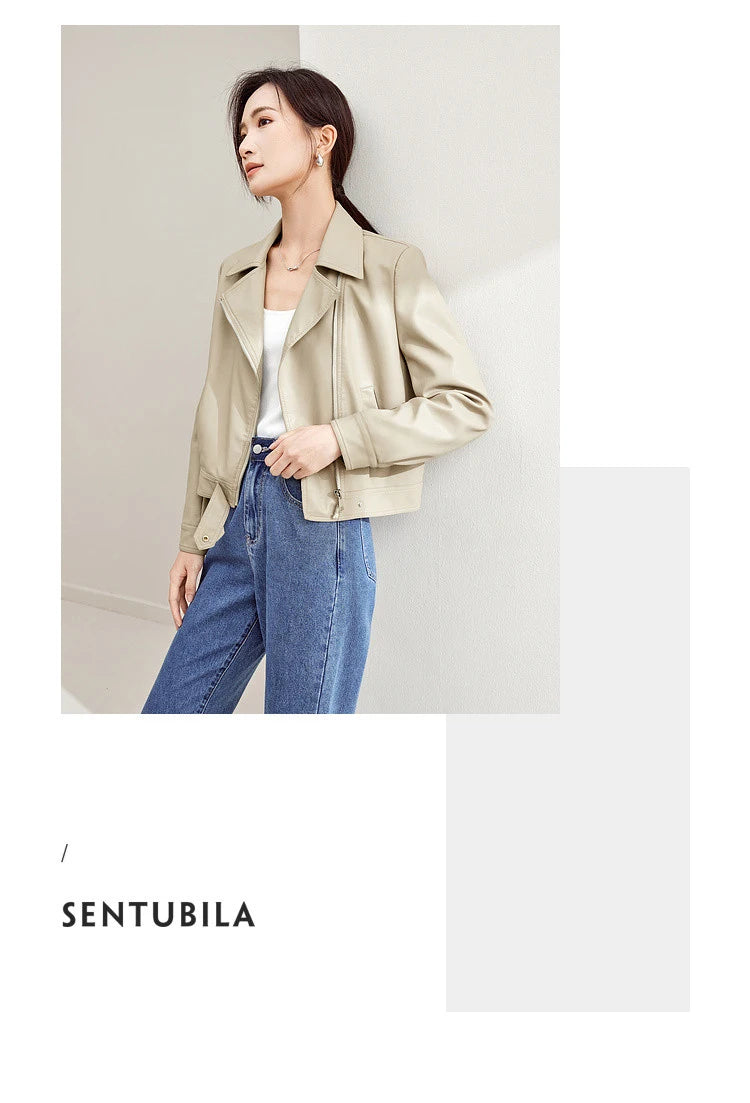 SENTUBILA Cropped Pu Leather Bomber Jacket Women 2026 Autumn Winter Vintage Lapel Zip Up Faux Leather Jacket Motorcycle Coats