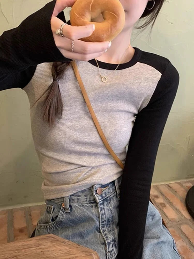 Ribbed Long Sleeve T-Shirt Women's Spring Autumn Thin Style Raglan Sleeve Slim Fit Round Neck Fashionable Underwear Top Wear