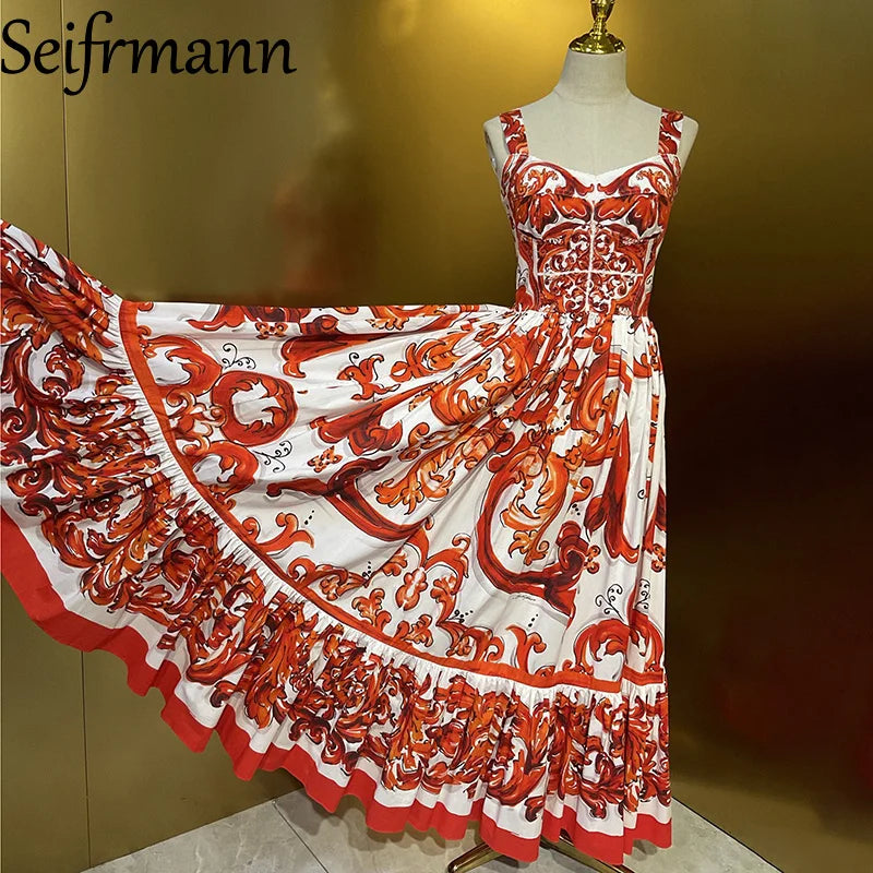 Seifrmann Summer Women's clothing New Fashionable Suspenders Cotton Printed Waist cinching Long Dress