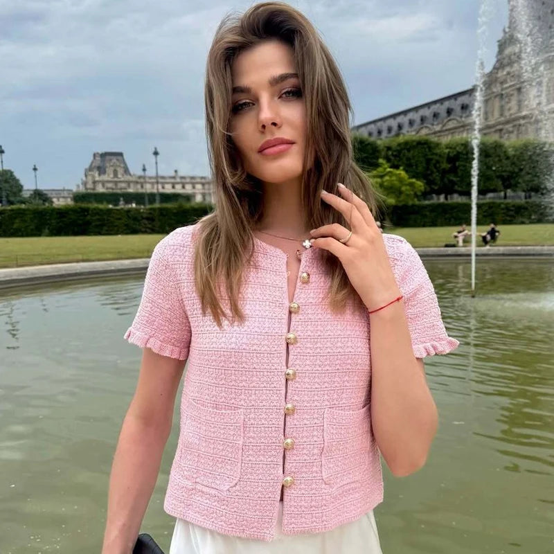 HXAO Crop Knit Cardigan For Women Summer Knitwear 2025 Women's Sweater Pink Off White O-Neck Short Sleeve Bolero Cardigan Woman