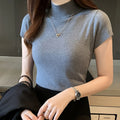Casual Women Clothing Korean T-shirts Spring Short Sleeve Knitted Top Summer Solid Slim Turtleneck White shirts Blusas Mujer