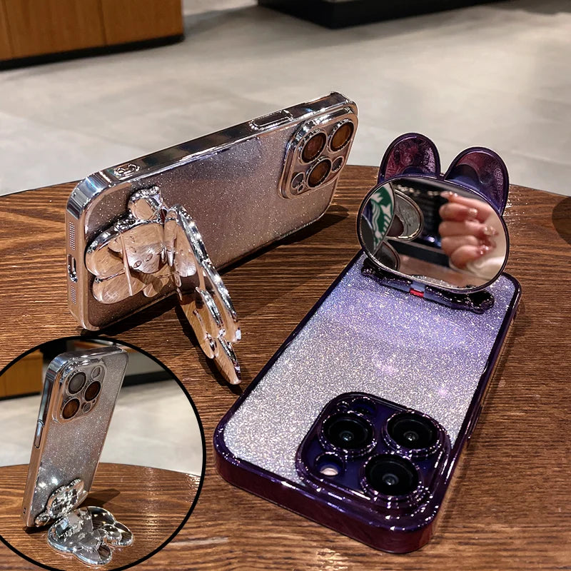 Exquisite Rabbit Makeup Mirror Bracket Shell for IPhone 15 14 13 12 PRO Mini Xs Max X Xr Se 2020 7 8 Plus Shockproof Phone Case