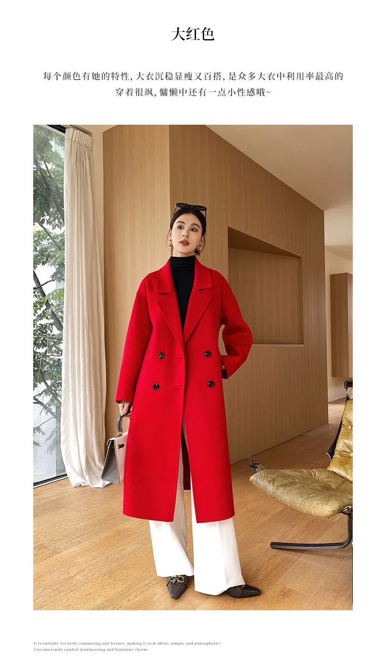 Notch Lapel Wool Coat Drop-Shoulder Women 100% Wool Loose Overcoat Double-Layers Autumn Winter Long Jacket Thick Trench Coat #24
