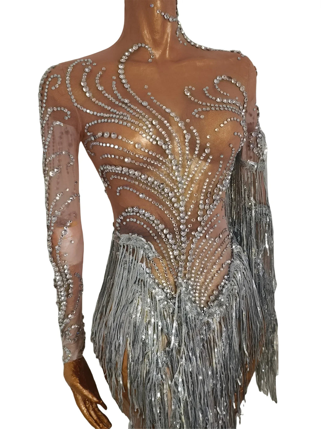 Silver Rhinestone Pearl Fringe Long Dress Birthday Celebrate Transparent Dresses Women Dancer Ballroom Dresses Competition