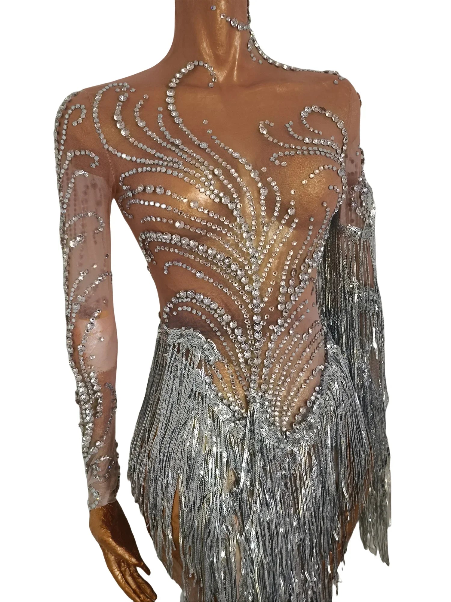 Silver Rhinestone Pearl Fringe Long Dress Birthday Celebrate Transparent Dresses Women Dancer Ballroom Dresses Competition