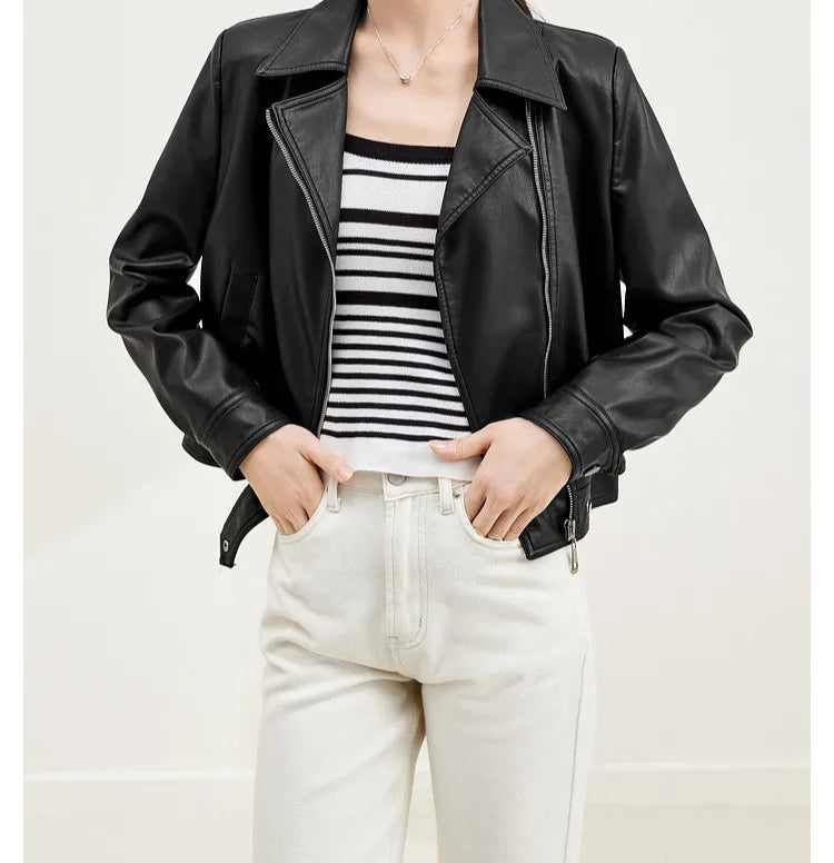 SENTUBILA Cropped Pu Leather Bomber Jacket Women 2026 Autumn Winter Vintage Lapel Zip Up Faux Leather Jacket Motorcycle Coats
