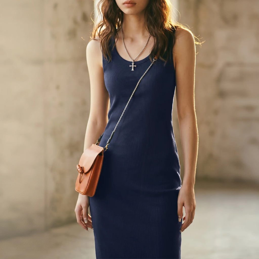 Maden Women's U Square Neck Wide Strap Tank Dress Sleeveless Camisole Waist Cinch Slim Fit Elegant Casual Summer Daily Summer