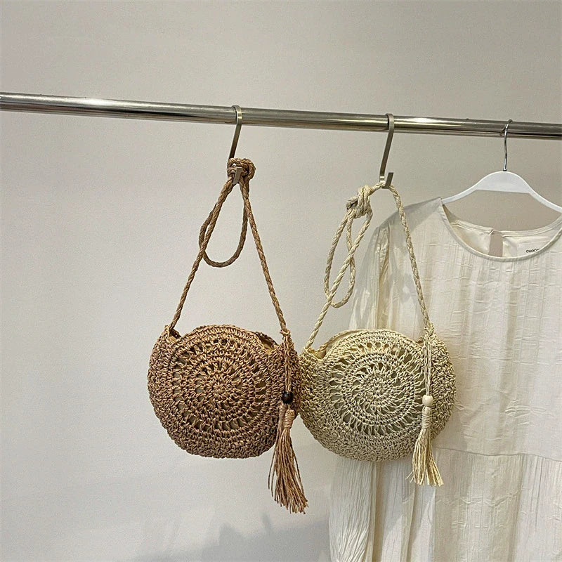 Handmade Knitting Women's Bags Tassel Crossbody Shoulder Handmade Knitting Bags Crochet Round Straw Bag Women's Bag Beach Bags