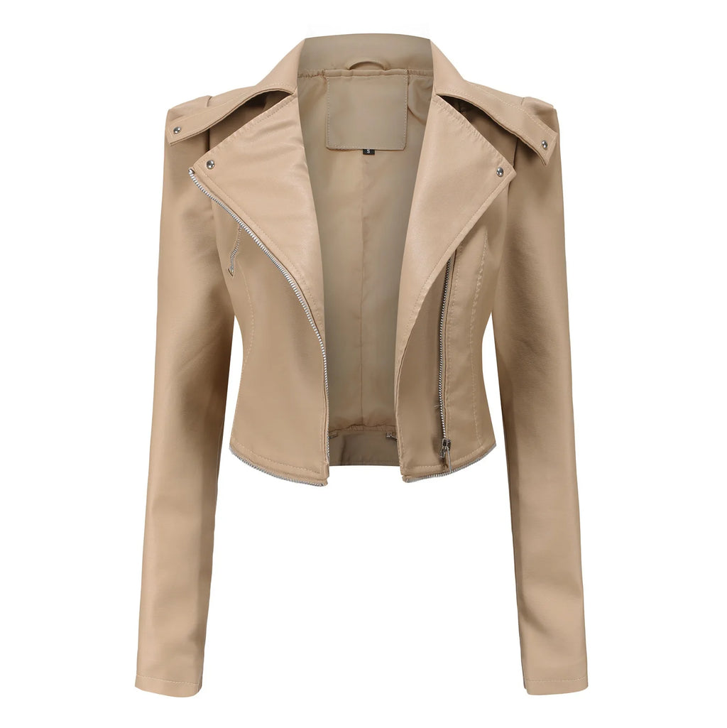 Women Faux Leather Coat Turn Down Collar Full Sleeve Jackets Zipper Casual Splice Coats Short Jacket Sexy Slim Fit Autumn